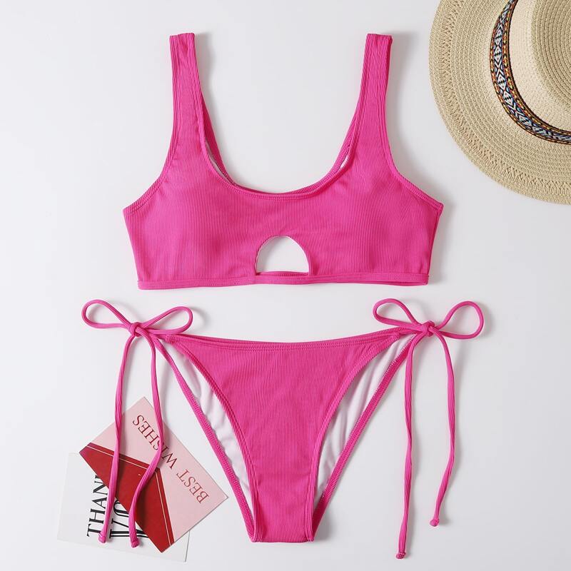 

Rib Cut Out Bikini Swimsuit, Hot pink