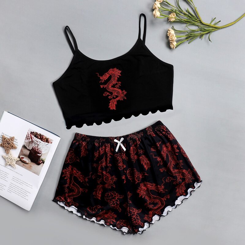 

Chinese Dragon Print Lettuce Trim Cami PJ Set, Multicolor