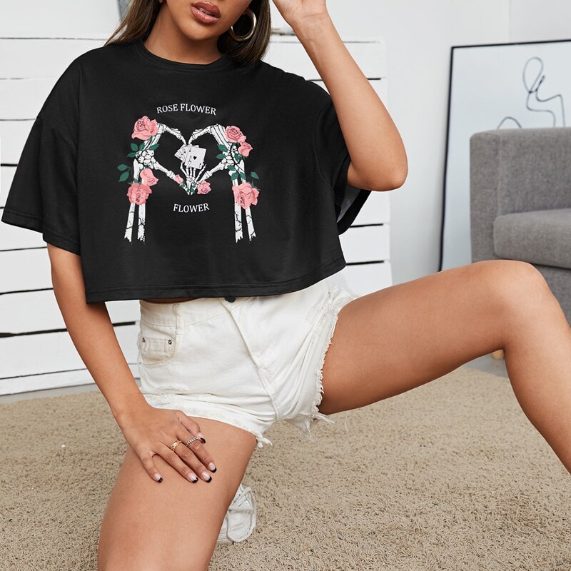 

Letter & Floral Print Tee, Black