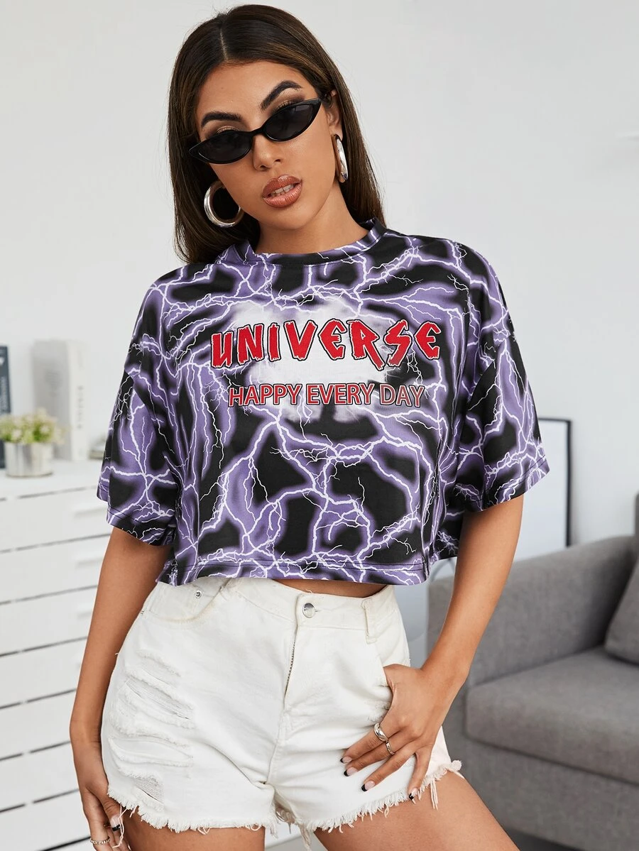 SHEIN Drop Shoulder Letter & Lightning Print Tee - Multicolor - View 1