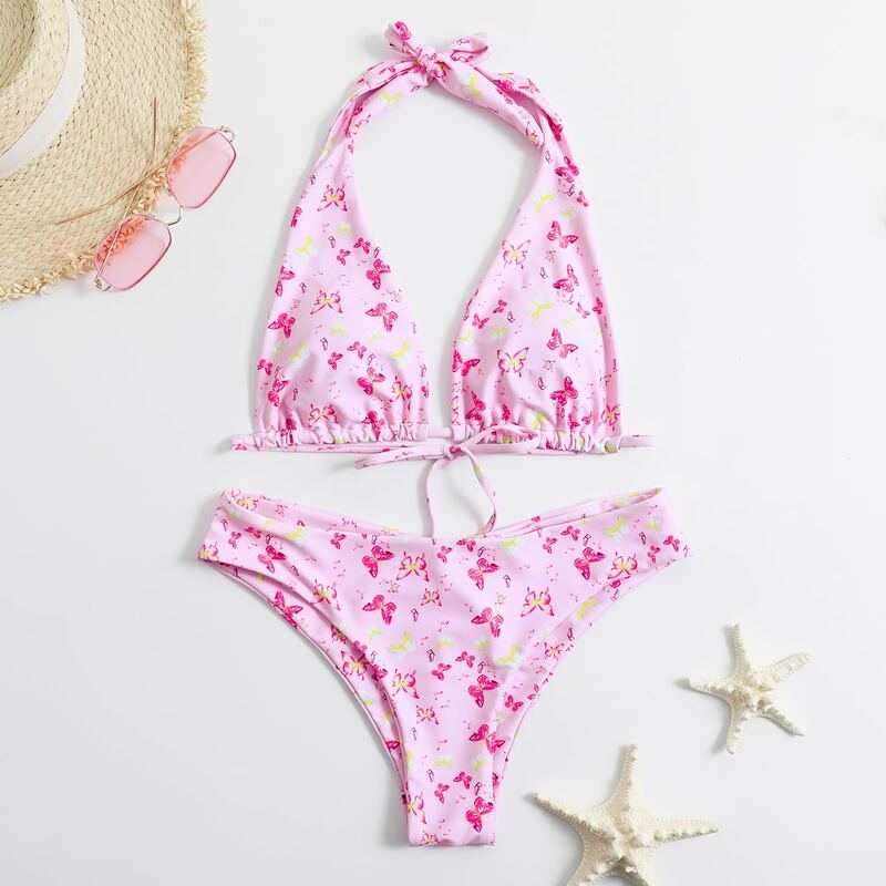 

Butterfly Print Halter Bikini Swimsuit, Multicolor