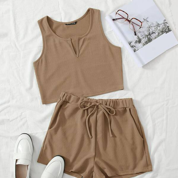 

Notch Neck Tank Crop Top & Tie Waist Shorts Set, Khaki