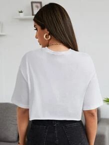 SHEIN EZwear 鷹和字母圖案短款T恤 - 白色 - 查看 2