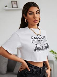 SHEIN EZwear 鷹和字母圖案短款T恤 - 白色 - 查看 5