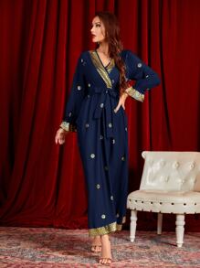 Al Najma Gilding Floral Surplice Front Belted Dress - Navy Blue - View 1