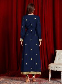Al Najma Gilding Floral Surplice Front Belted Dress - Navy Blue - View 2