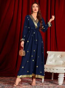 Al Najma Gilding Floral Surplice Front Belted Dress - Navy Blue - View 3