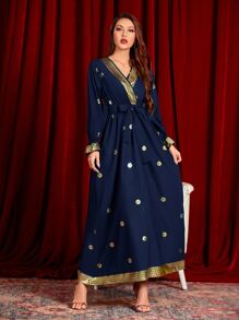 Al Najma Gilding Floral Surplice Front Belted Dress - Navy Blue - View 5