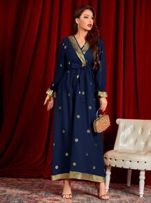 Al Najma Gilding Floral Surplice Front Belted Dress - Navy Blue - View 6