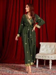 Al Najma 閃光花卉前交叉腰帶超長連衣裙 - 軍綠色 - 查看 1