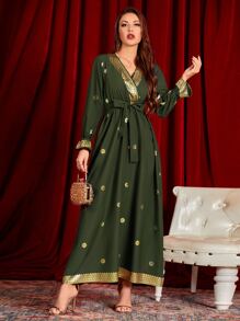 Al Najma 閃光花卉前交叉腰帶超長連衣裙 - 軍綠色 - 查看 3