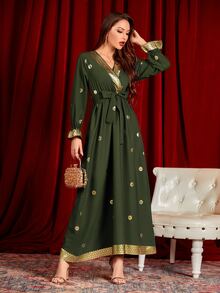 Al Najma 閃光花卉前交叉腰帶超長連衣裙 - 軍綠色 - 查看 5