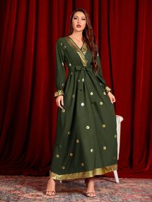 Al Najma 閃光花卉前交叉腰帶超長連衣裙 - 軍綠色 - 查看 6