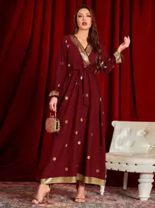 Al Najma 閃光花卉前交叉腰帶超長連衣裙 - 酒紅色 - 查看 3