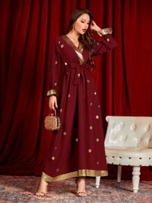 Al Najma 閃光花卉前交叉腰帶超長連衣裙 - 酒紅色 - 查看 4