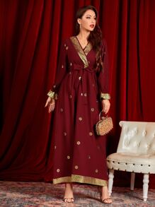 Al Najma 閃光花卉前交叉腰帶超長連衣裙 - 酒紅色 - 查看 5