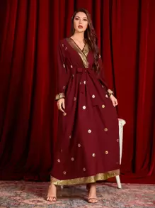 Al Najma 閃光花卉前交叉腰帶超長連衣裙 - 酒紅色 - 查看 6