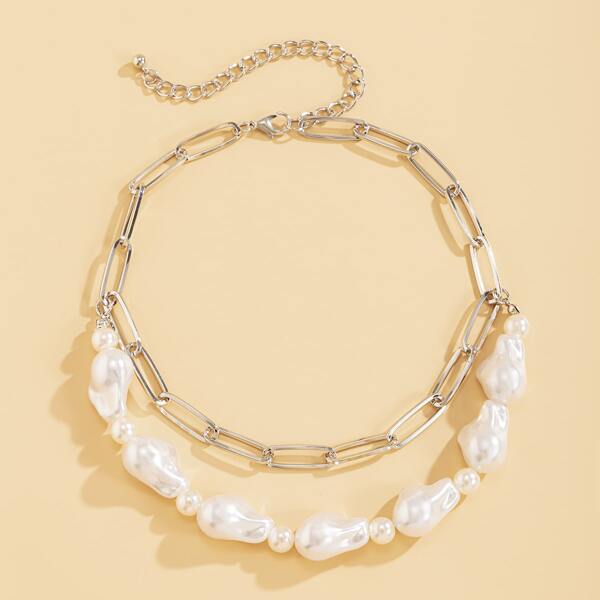 

Faux Pearl Decor Necklace, Silver