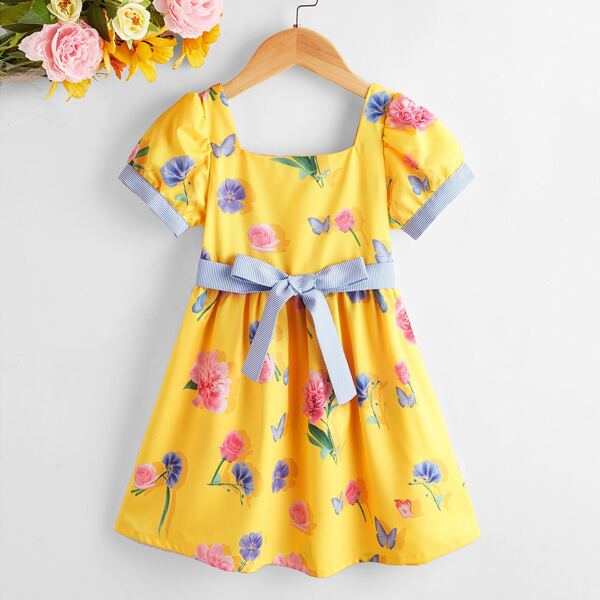 

Toddler Girls Floral Print Belted Dress, Yellow