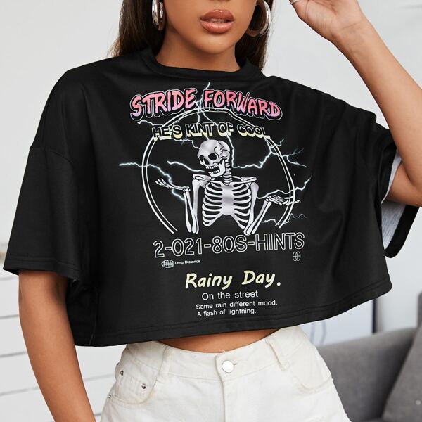 

Drop Shoulder Skeleton & Letter Graphic Top, Black