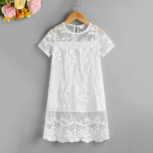

Toddler Girls Embroidery Mesh Overlay Tunic Dress, White