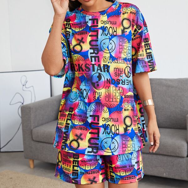 

Drop Shoulder Letter Graphic Top & Shorts Set, Multicolor