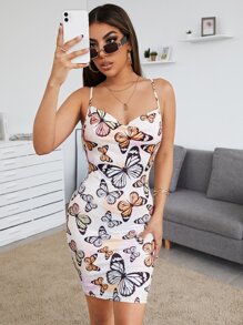 SHEIN Essnce 垂褶領蝴蝶圖案連衣裙 - 彩色 - 查看 1