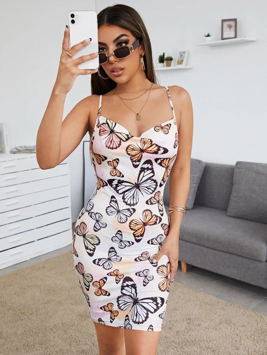 SHEIN Essnce 垂褶領蝴蝶圖案連衣裙 - 彩色 - 查看 1