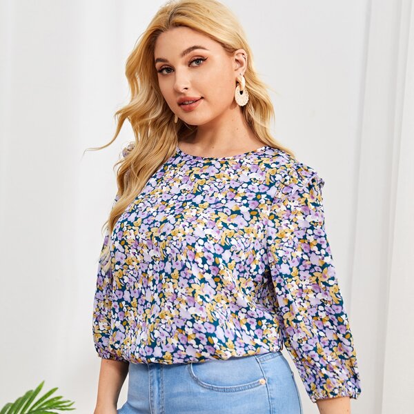 

Plus Ruffle Trim Floral Top, Multicolor