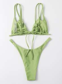 Conjunto de bikini de corte alto para vacaciones de verano en la playa - Verde - Ver 2