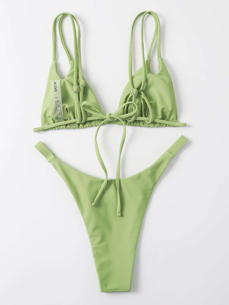 Cut Out High Cut Bikini Set For Summer Beach Vocation - Green - View 2