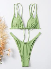 Conjunto de bikini de corte alto para vacaciones de verano en la playa - Verde - Ver 4