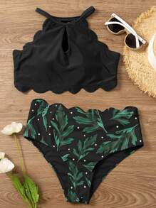 Leaf Pattern Scallop Trim Bikini Set Summer Beach - Black - View 1