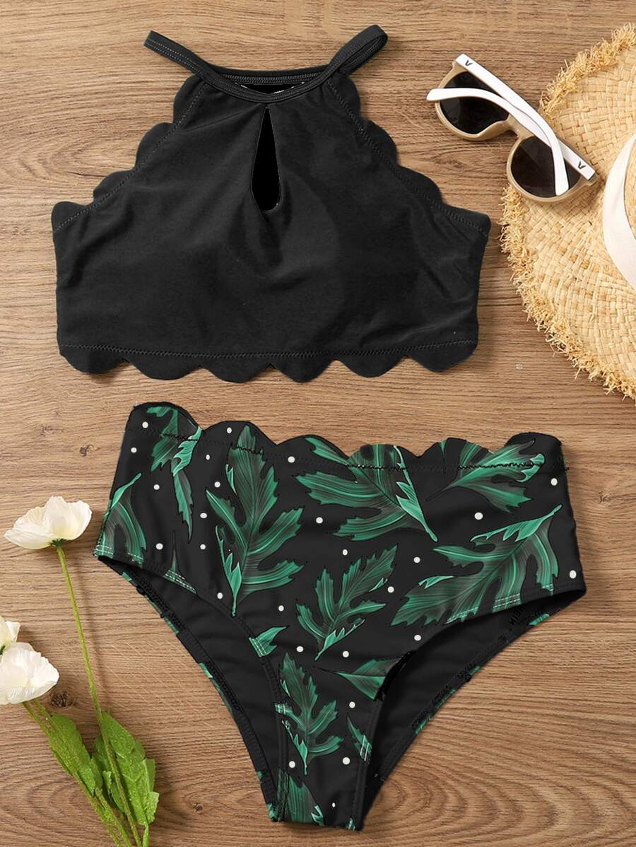 Leaf Pattern Scallop Trim Bikini Set Summer Beach - Black - View 1