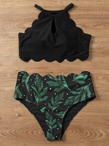 Leaf Pattern Scallop Trim Bikini Set Summer Beach - Black - View 3