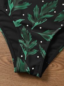 Leaf Pattern Scallop Trim Bikini Set Summer Beach - Black - View 5
