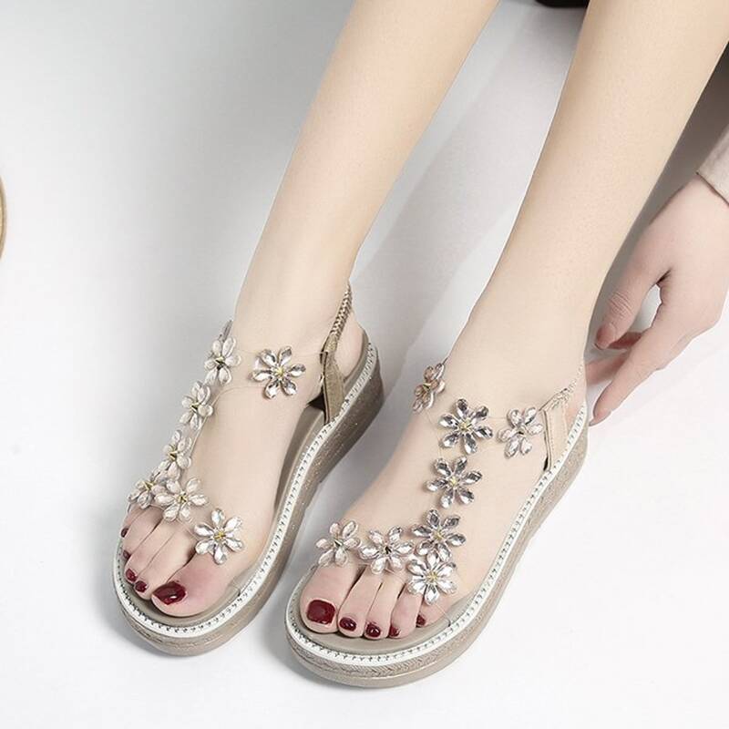 

Rhinestone Floral Clear Strap Wedge Sandals, Beige