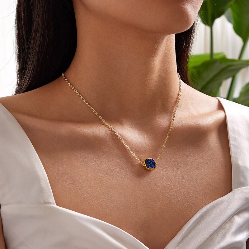 

Rhinestone Square Pendant Necklace, Blue