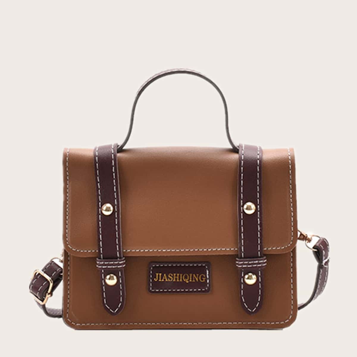 

Colorblock Buckle Satchel Bag, Brown