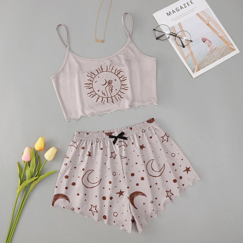 

Moon And Star Print Lettuce Trim Cami PJ Set, Baby pink