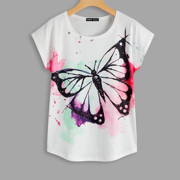

Batwing Sleeve Butterfly Print Tee, White