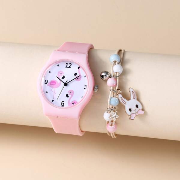 

1pc Kids Flamingo Dial Quartz Watch & 1pc Bracelet