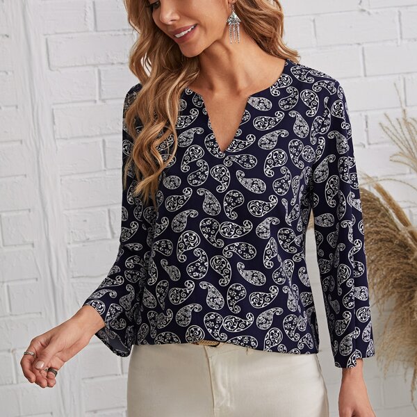 

Notched Neck Paisley Print Top, Multicolor
