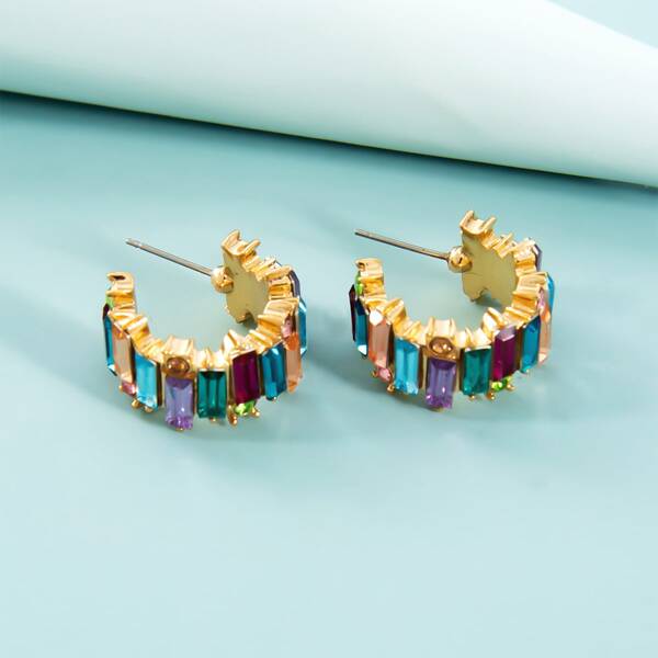 

Geometric Rhinestone Decor Open Hoop Earrings, Gold