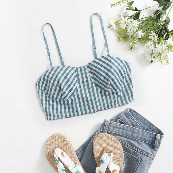 

Gingham Shirred Back Cami Top, Dusty blue