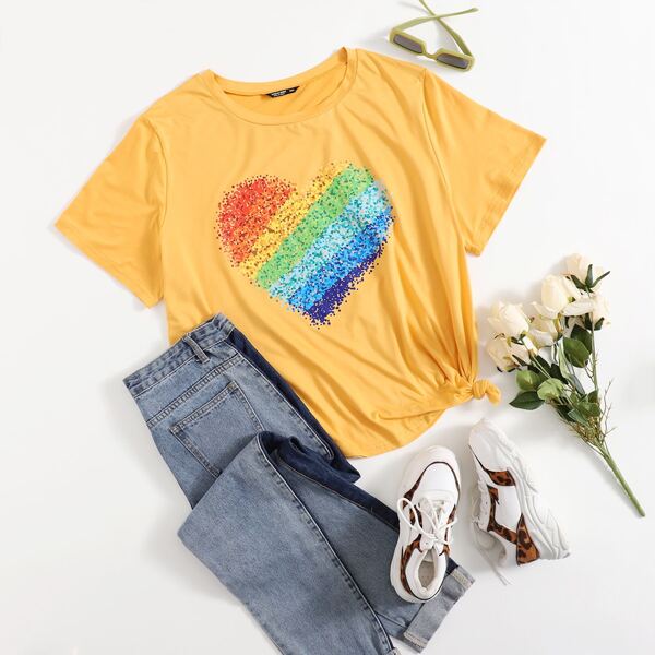 

Plus Rainbow Stripe Heart Print Tee, Yellow