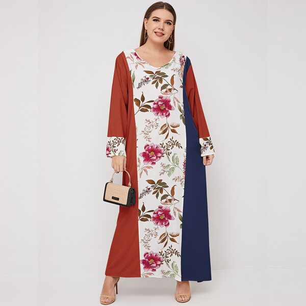 

Plus Floral Print Colorblock Tunic Dress, Multicolor