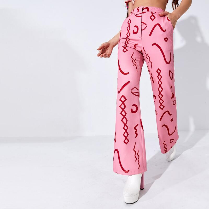

Graphic Print Pocket Flare Pants, Baby pink