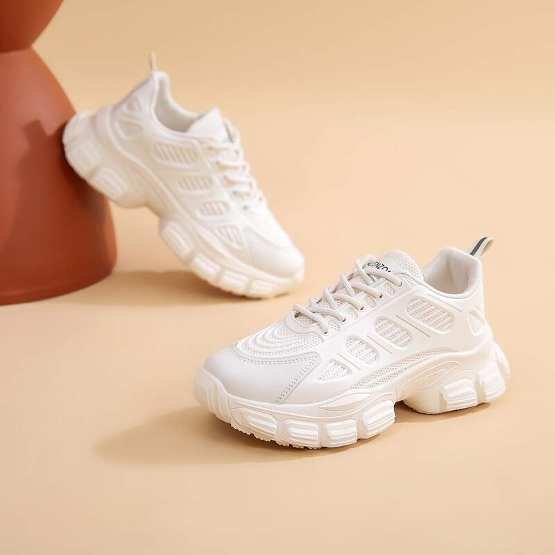 

Solid Lace-up Chunky Sneakers, Beige