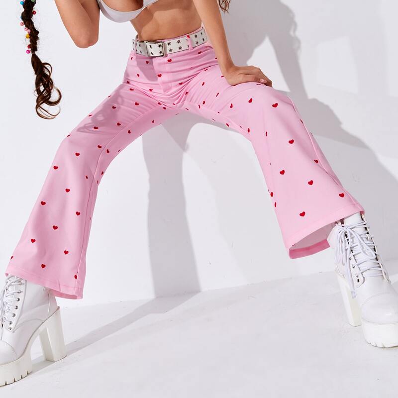 

Heart Print Button Fly Flare Pants, Baby pink